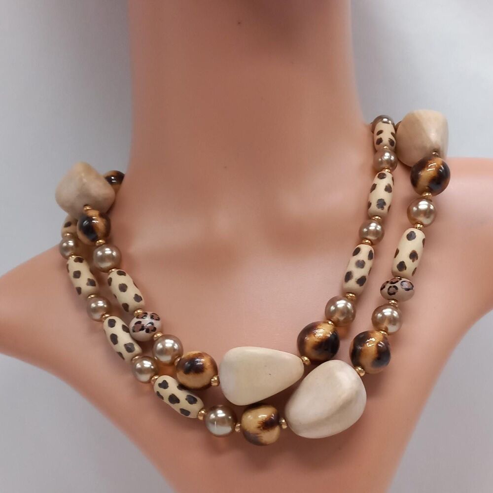 Joan RIvers Animal Print Wooden Bead Statement Necklace